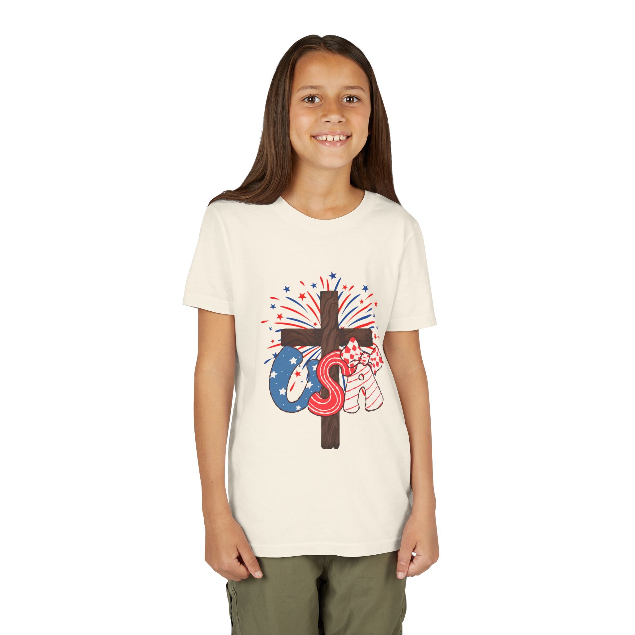 Youth Tee - Patriotic USA Cross with Fireworks and Stars