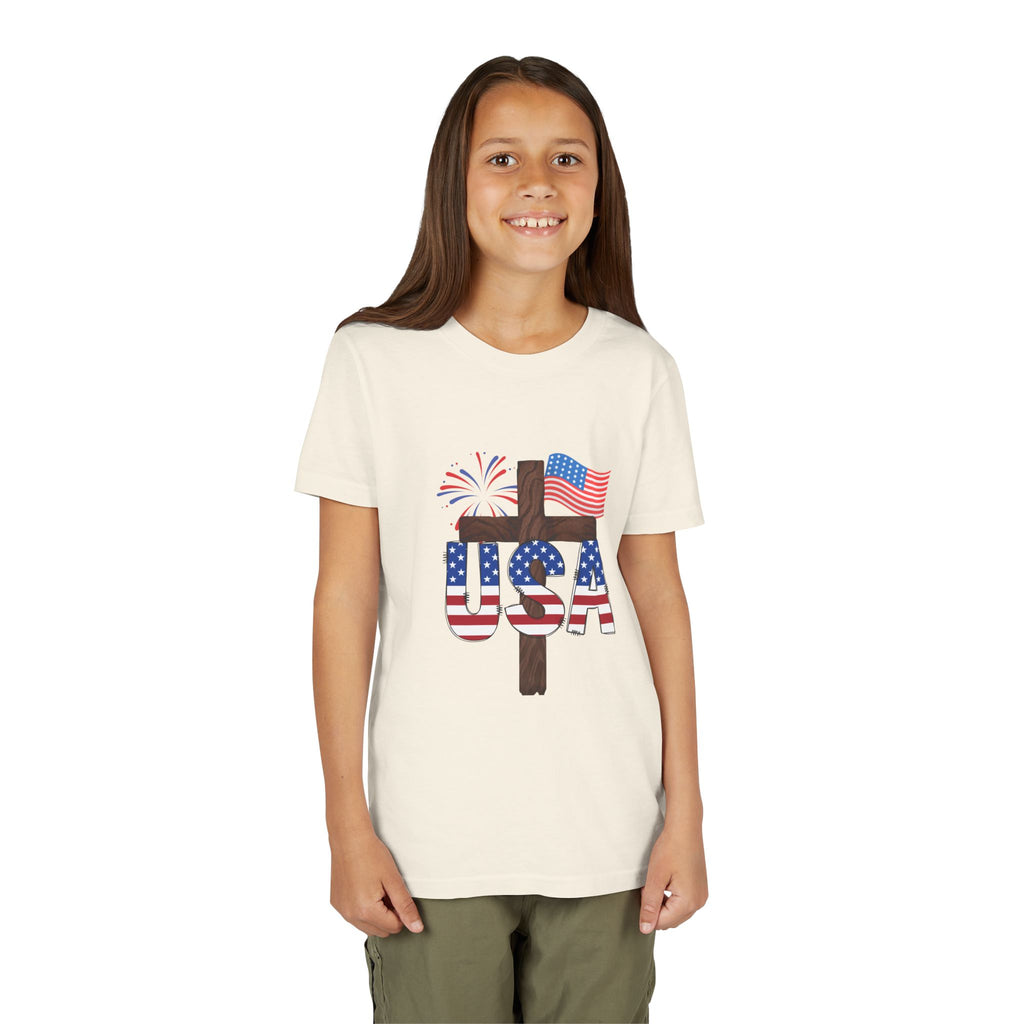 Youth Tee — USA Patriotic Cross Design with Flag & Fireworks