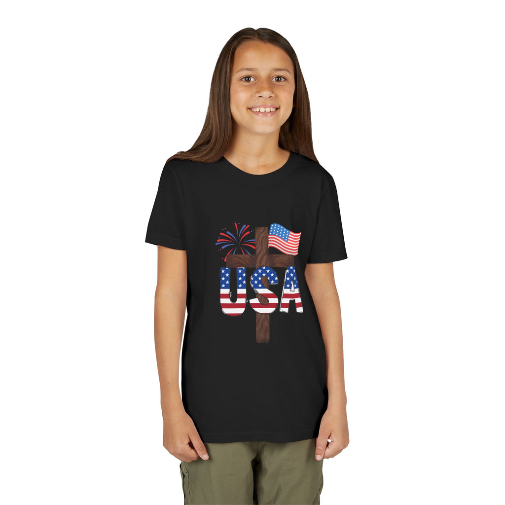 Youth Tee — USA Patriotic Cross Design with Flag & Fireworks