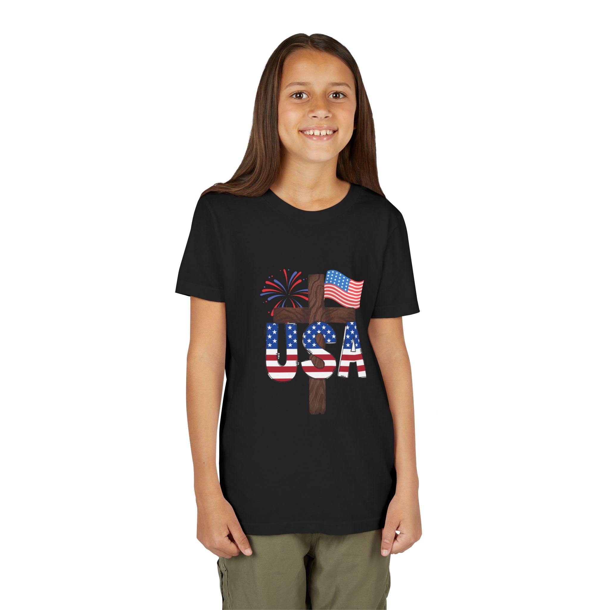 Youth Tee — USA Patriotic Cross Design with Flag & Fireworks