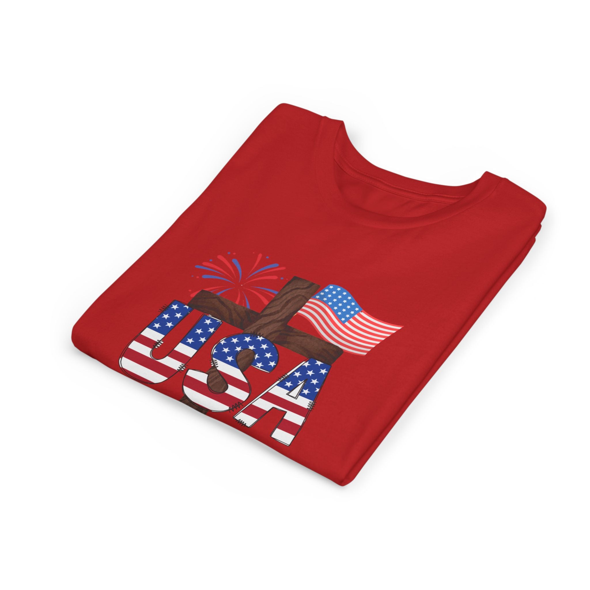 Youth Tee — USA Patriotic Cross Design with Flag & Fireworks