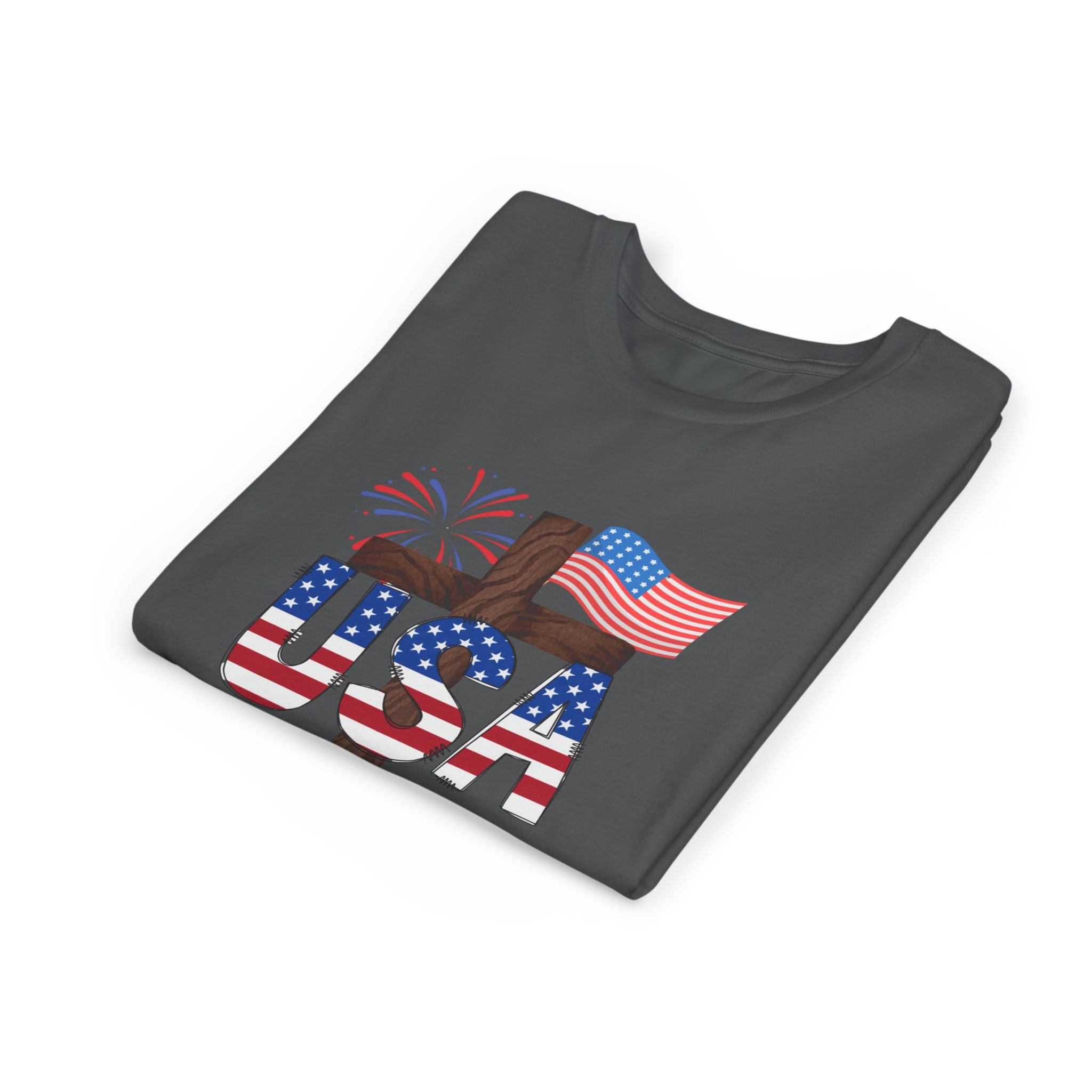 Youth Tee — USA Patriotic Cross Design with Flag & Fireworks