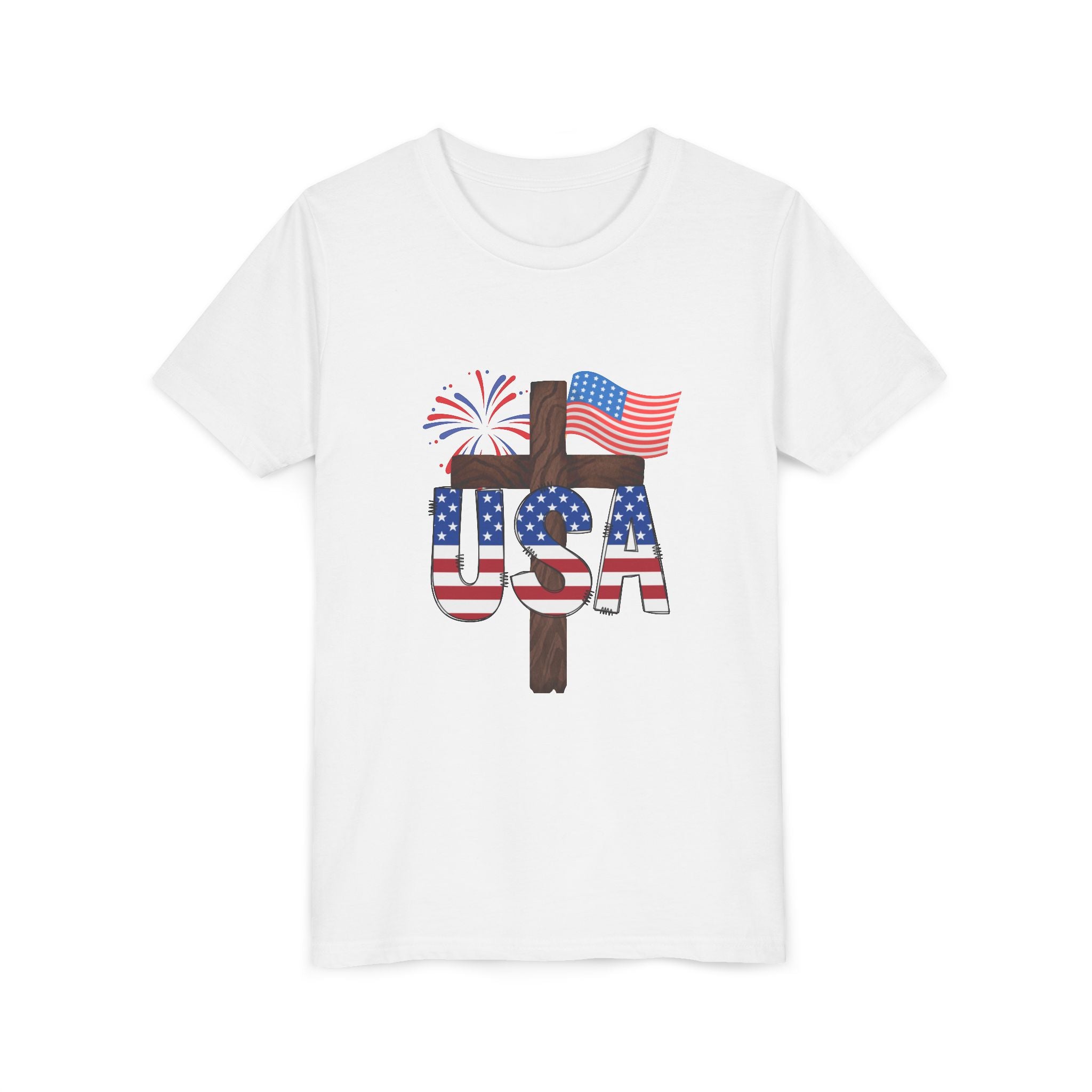 Youth Tee — USA Patriotic Cross Design with Flag & Fireworks