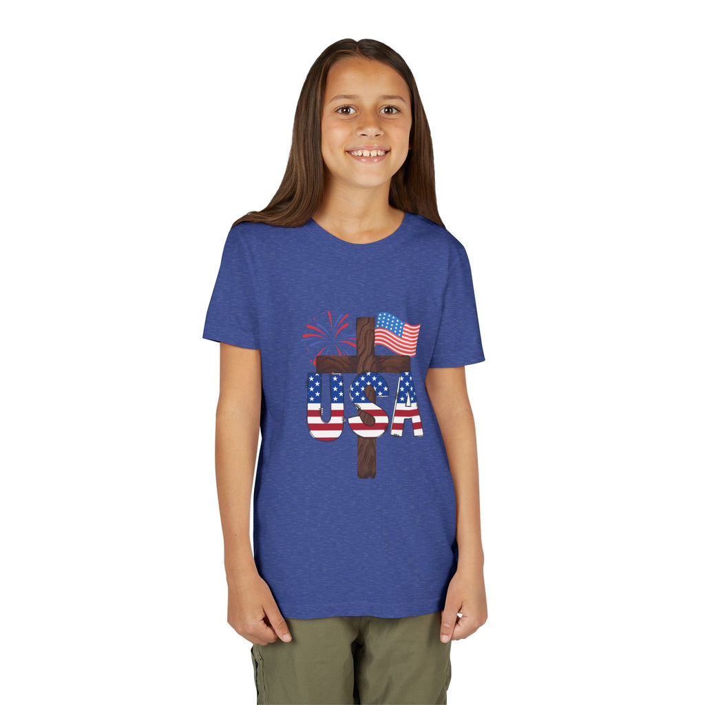 Youth Tee — USA Patriotic Cross Design with Flag & Fireworks