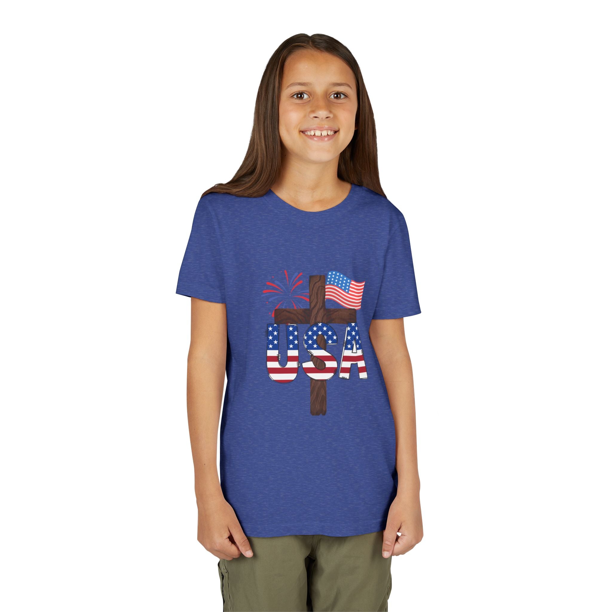 Youth Tee — USA Patriotic Cross Design with Flag & Fireworks