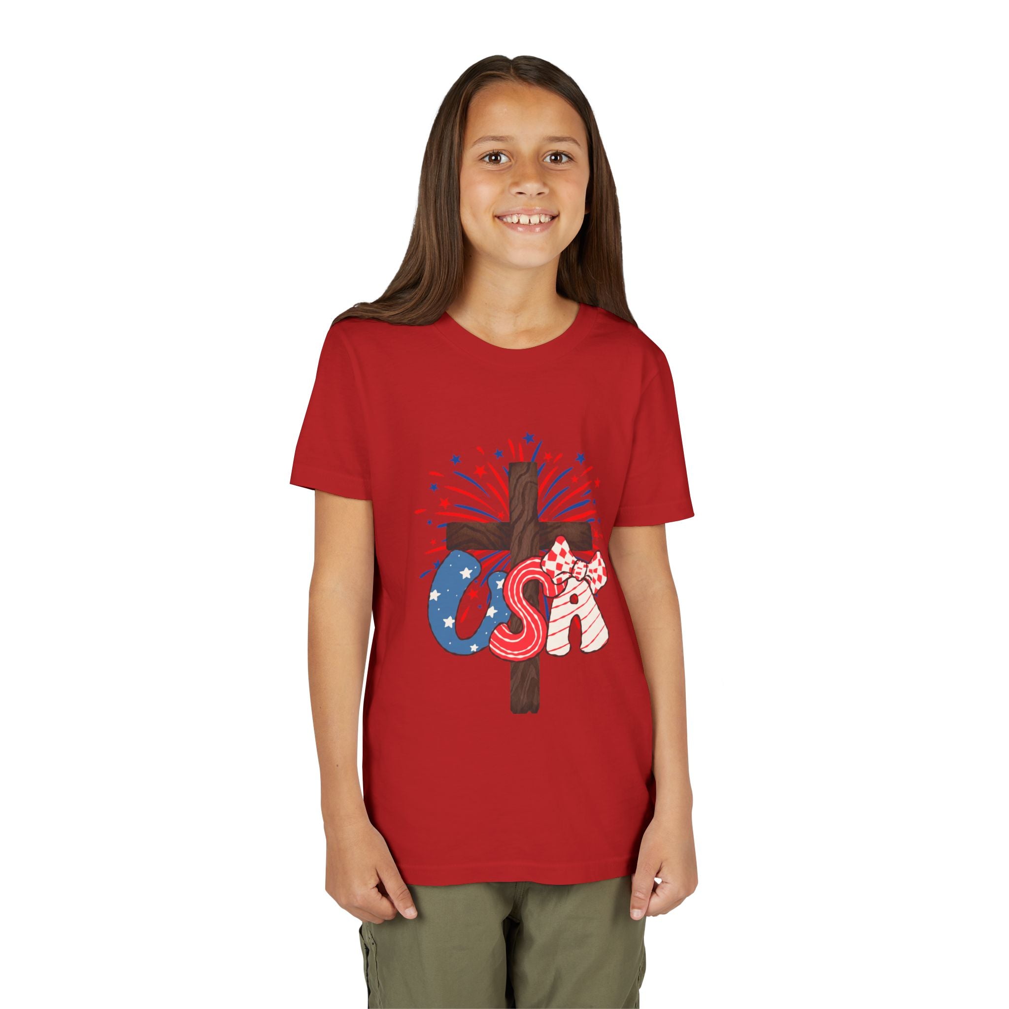 Youth Tee - Patriotic USA Cross with Fireworks and Stars