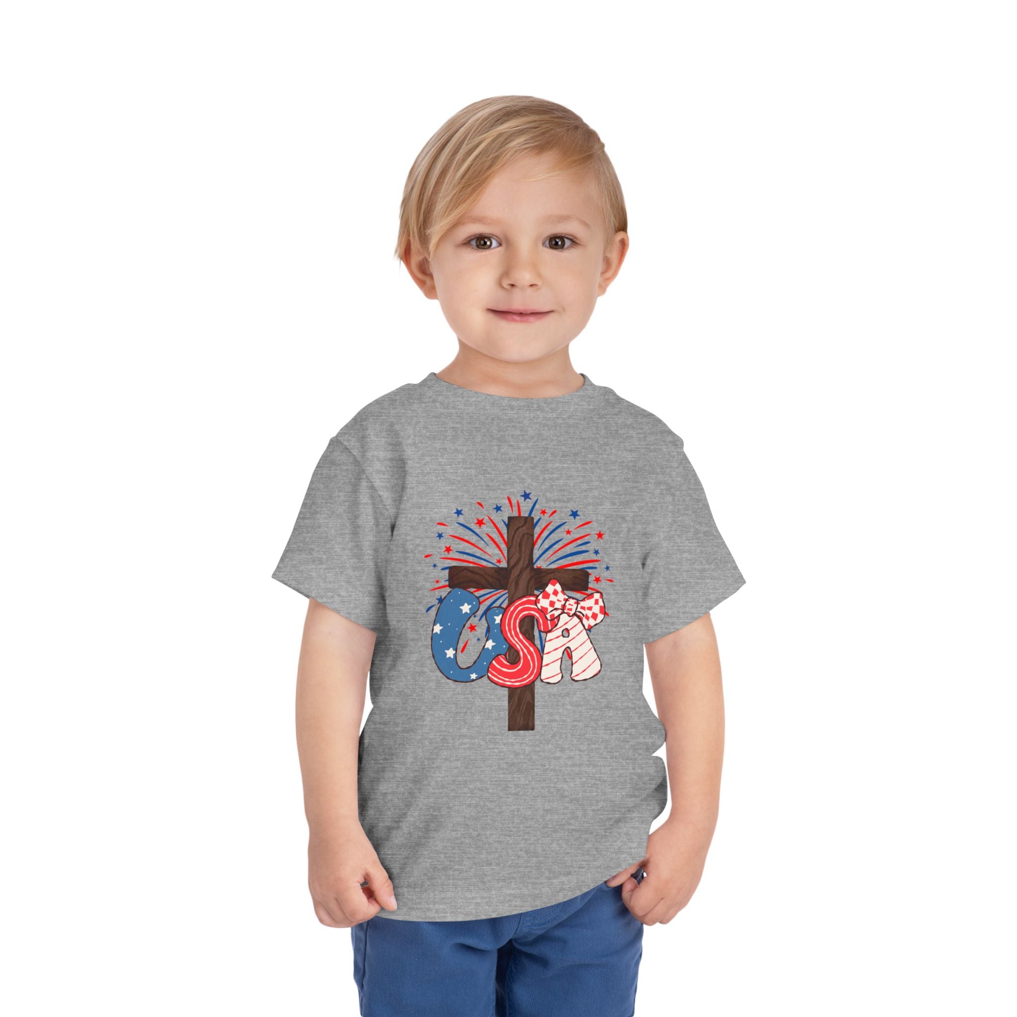 Toddler Tee - Patriotic Jesus Cross Fourth of July Kids Shirt