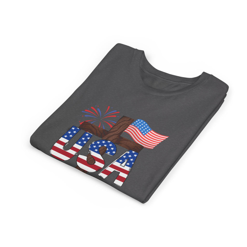 Youth Tee — USA Patriotic Cross Design with Flag & Fireworks