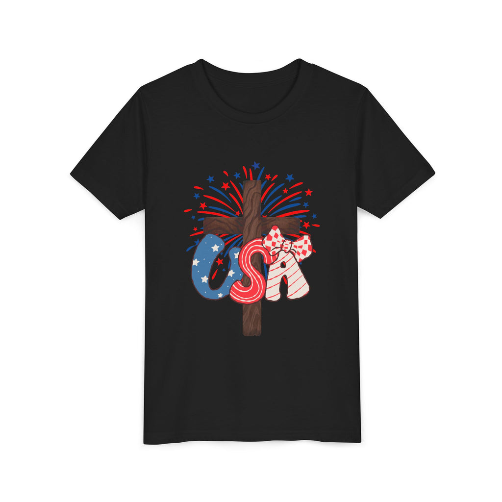 Youth Tee - Patriotic USA Cross with Fireworks and Stars