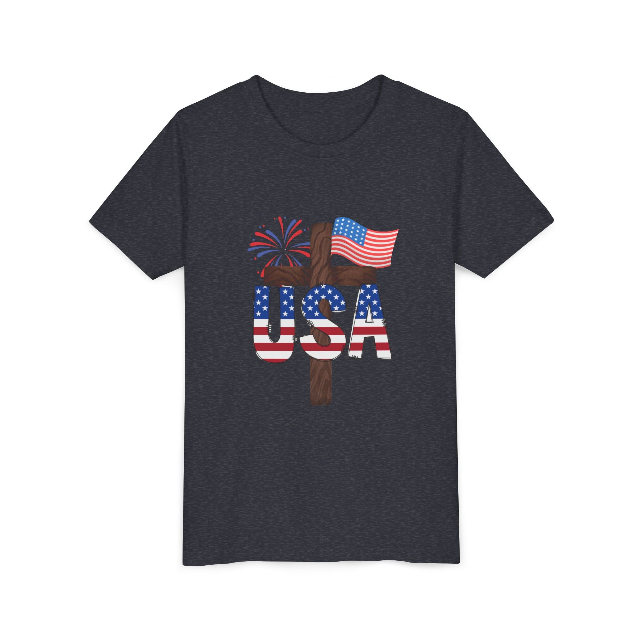 Youth Tee — USA Patriotic Cross Design with Flag & Fireworks