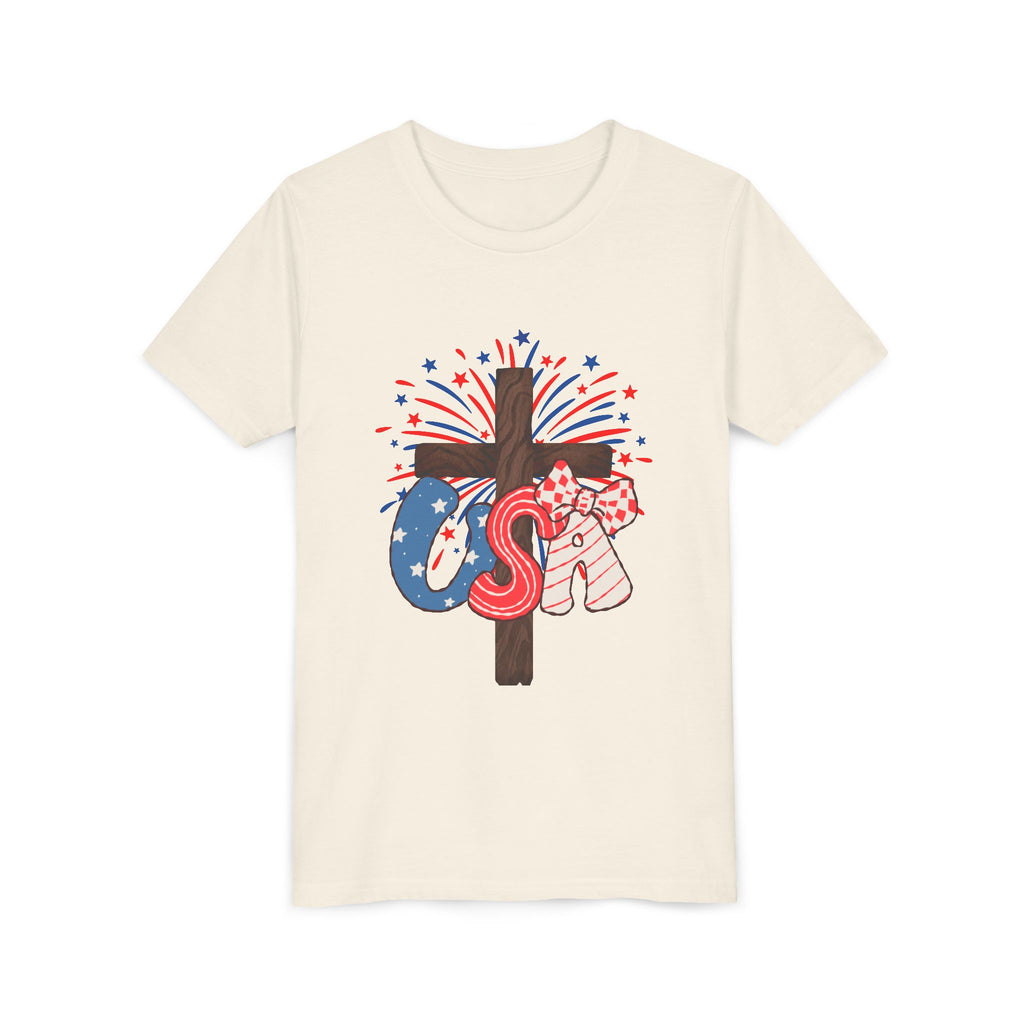 Youth Tee - Patriotic USA Cross with Fireworks and Stars