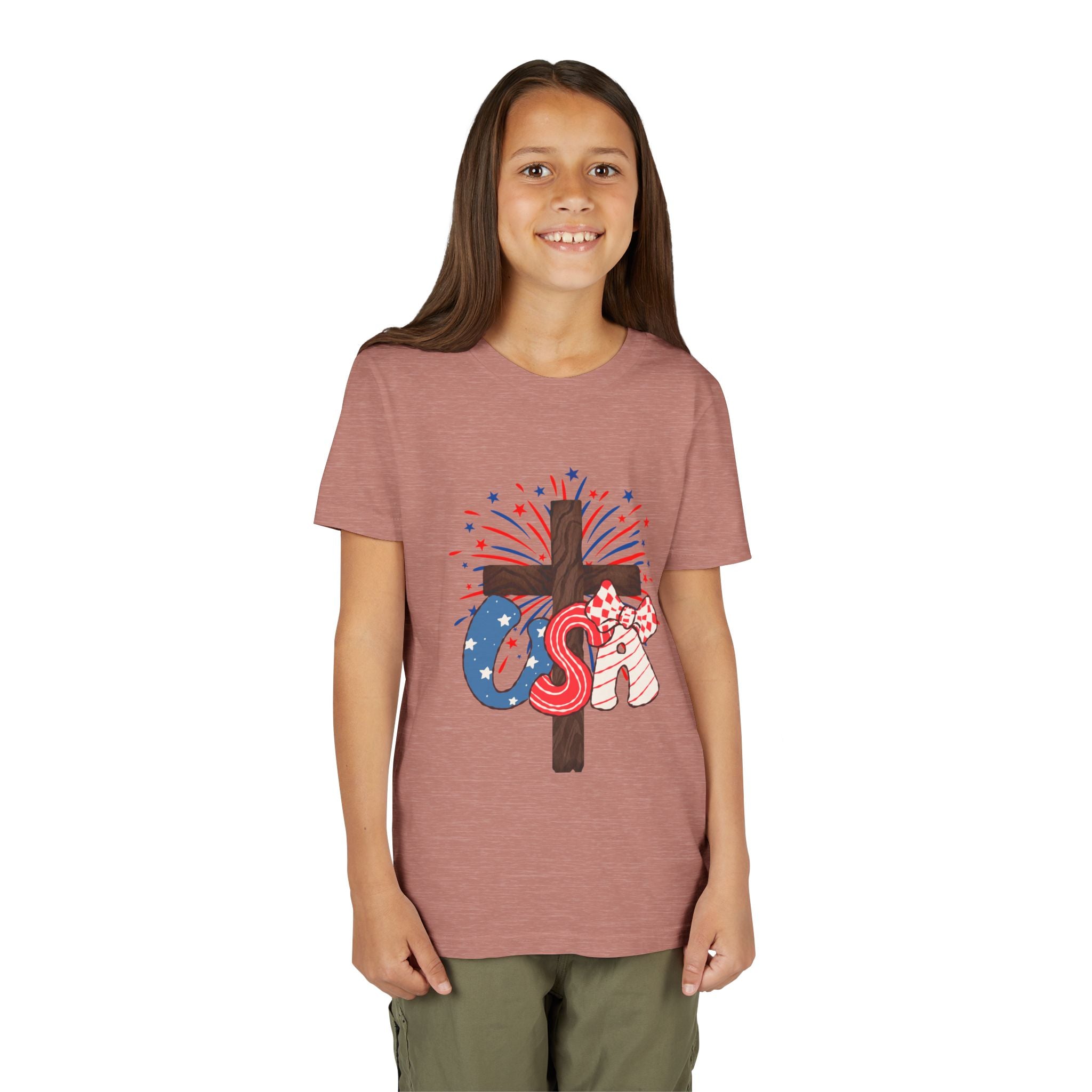 Youth Tee - Patriotic USA Cross with Fireworks and Stars