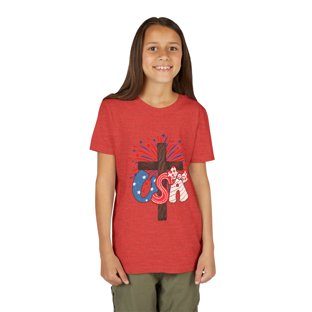Youth Tee - Patriotic USA Cross with Fireworks and Stars