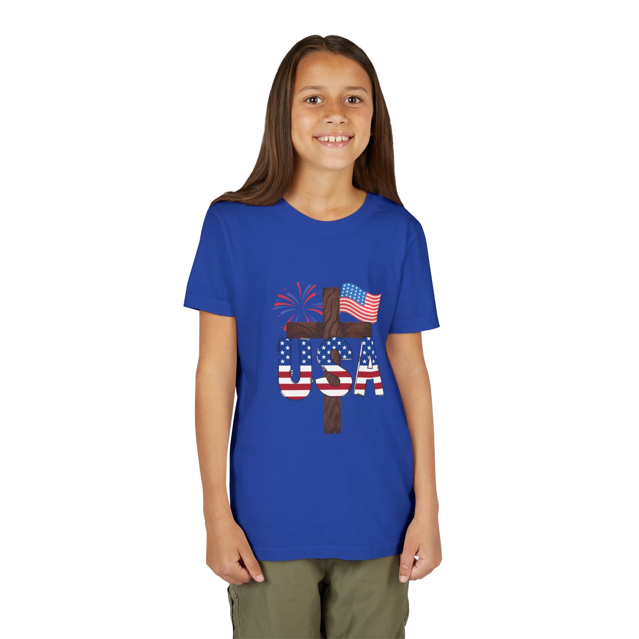 Youth Tee — USA Patriotic Cross Design with Flag & Fireworks