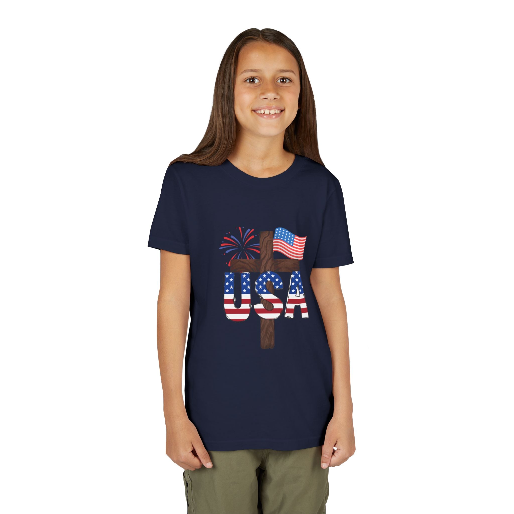 Youth Tee — USA Patriotic Cross Design with Flag & Fireworks