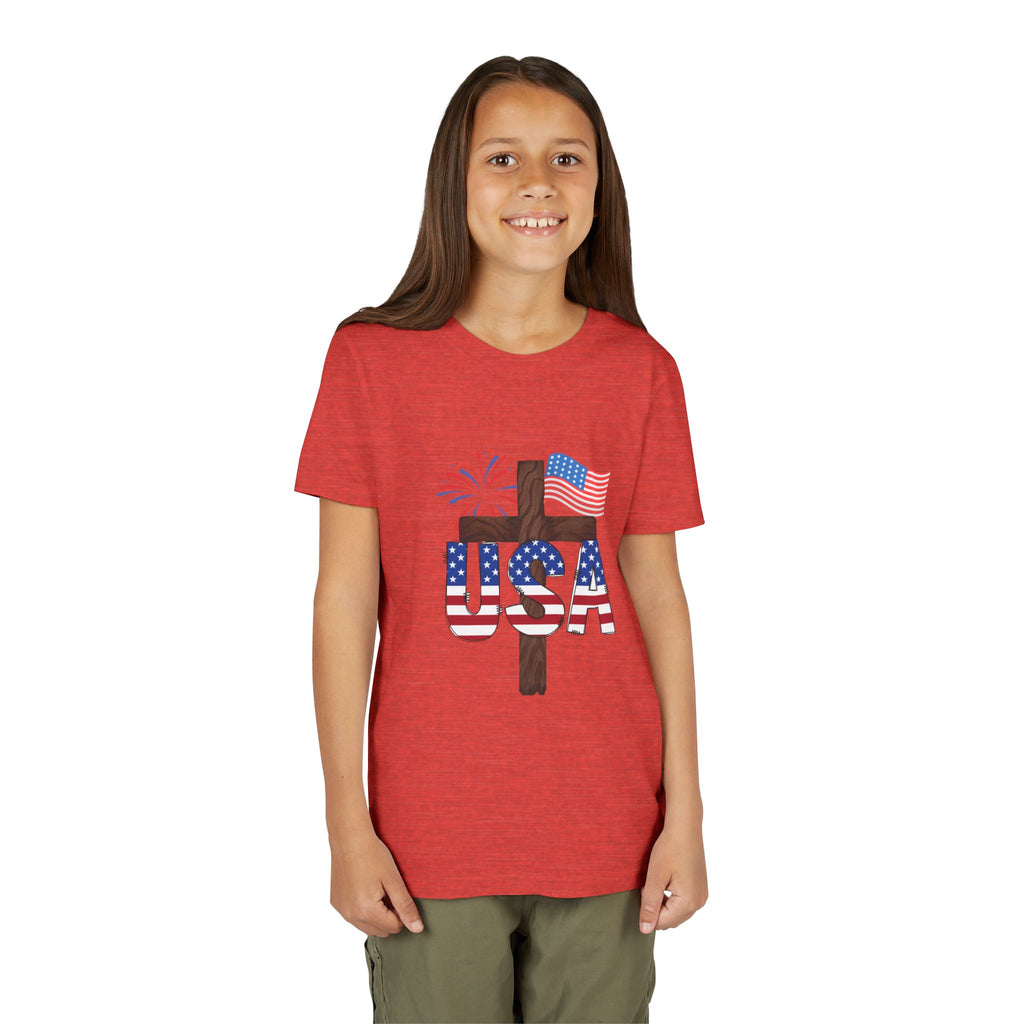 Youth Tee — USA Patriotic Cross Design with Flag & Fireworks