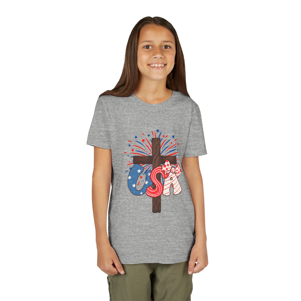 Youth Tee - Patriotic USA Cross with Fireworks and Stars
