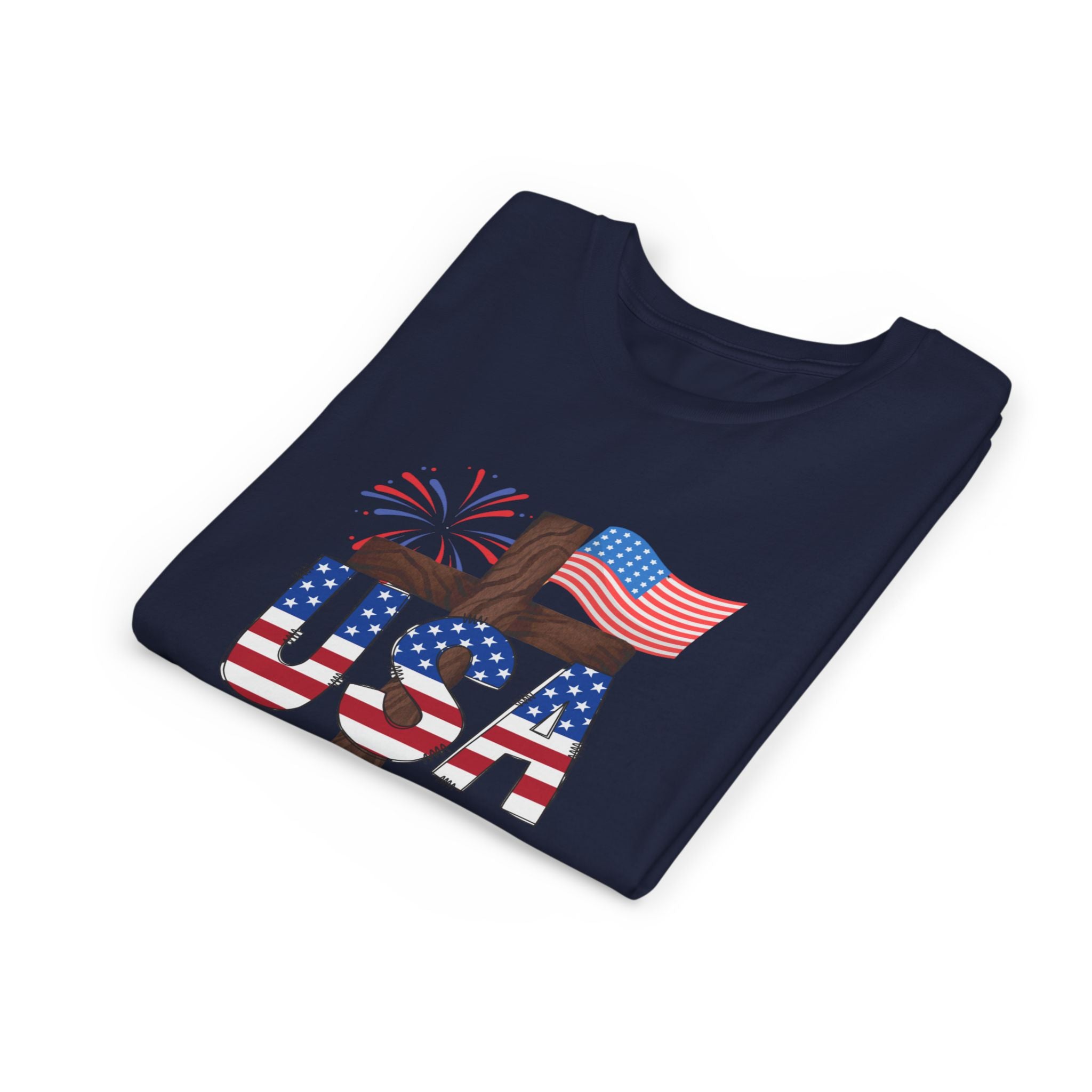 Youth Tee — USA Patriotic Cross Design with Flag & Fireworks