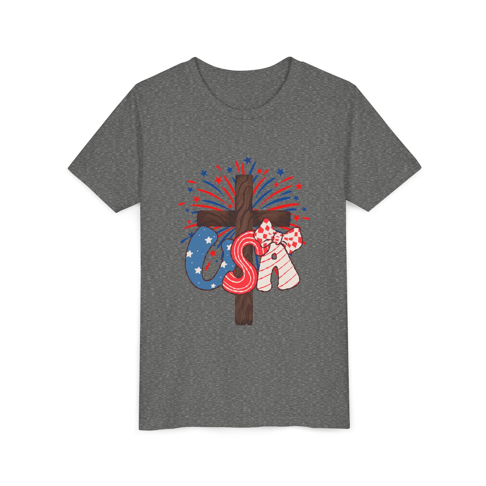 Youth Tee - Patriotic USA Cross with Fireworks and Stars