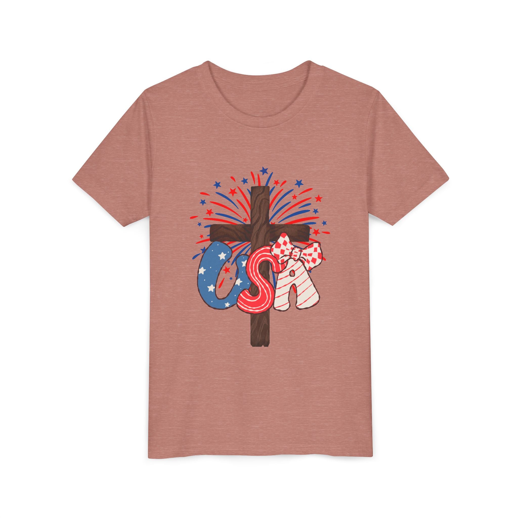 Youth Tee - Patriotic USA Cross with Fireworks and Stars