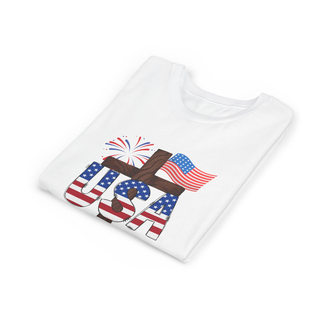 Youth Tee — USA Patriotic Cross Design with Flag & Fireworks