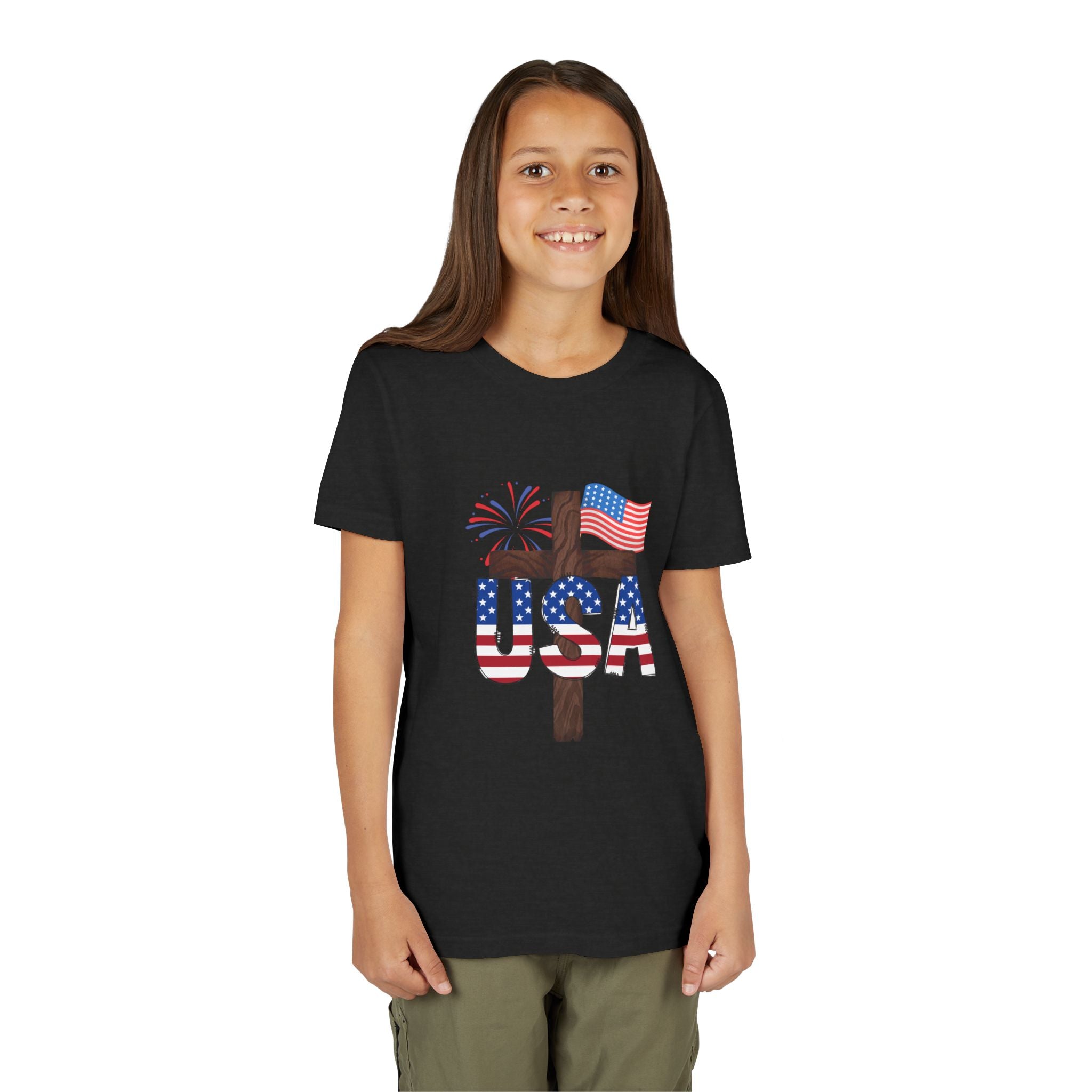 Youth Tee — USA Patriotic Cross Design with Flag & Fireworks