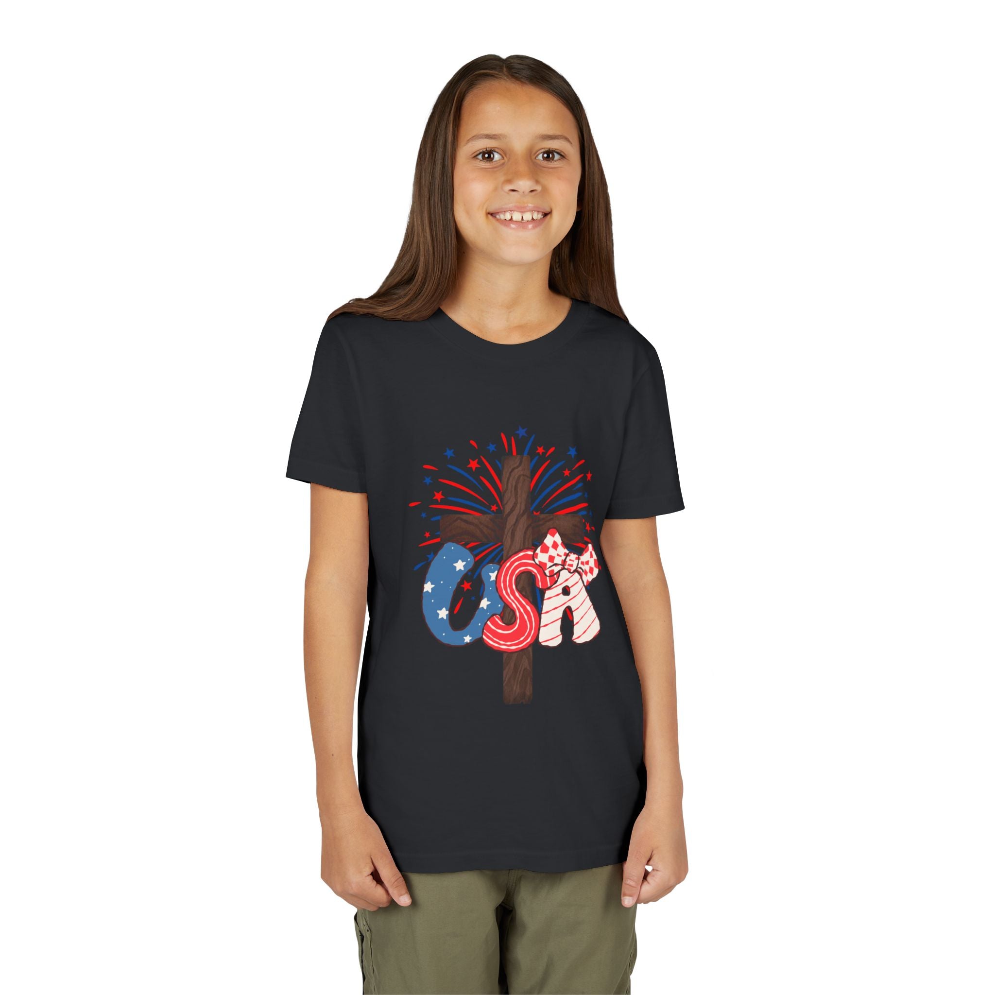 Youth Tee - Patriotic USA Cross with Fireworks and Stars