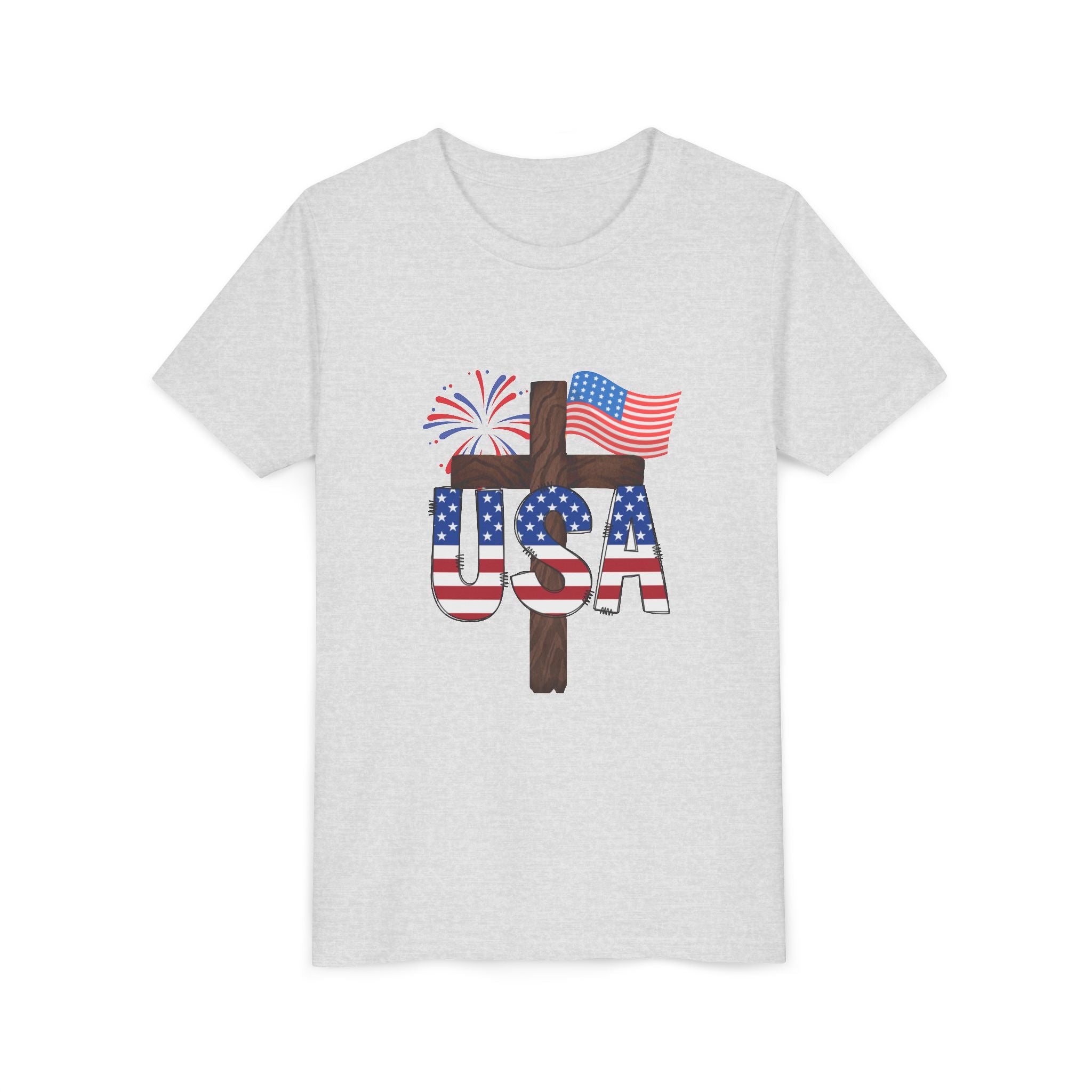 Youth Tee — USA Patriotic Cross Design with Flag & Fireworks