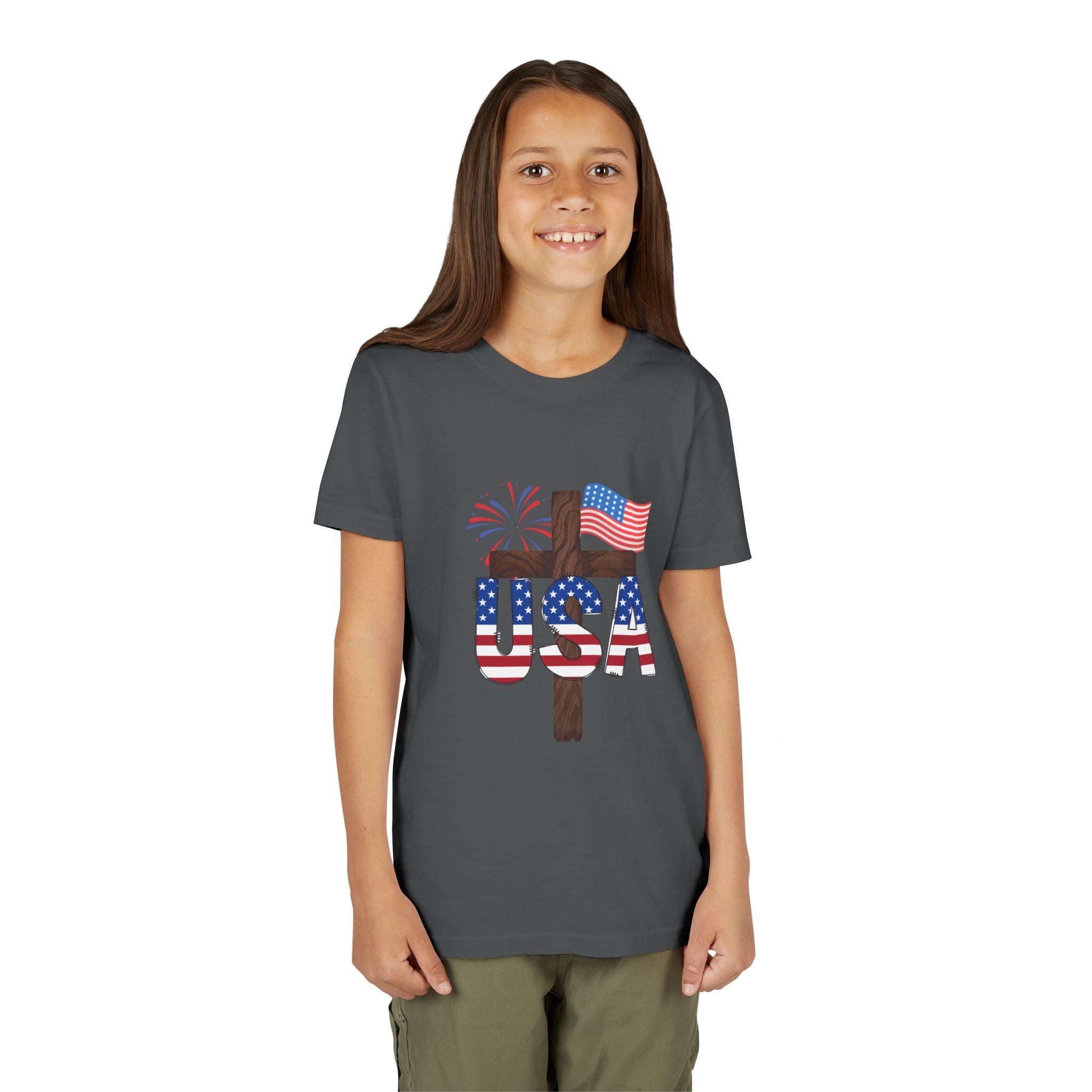 Youth Tee — USA Patriotic Cross Design with Flag & Fireworks