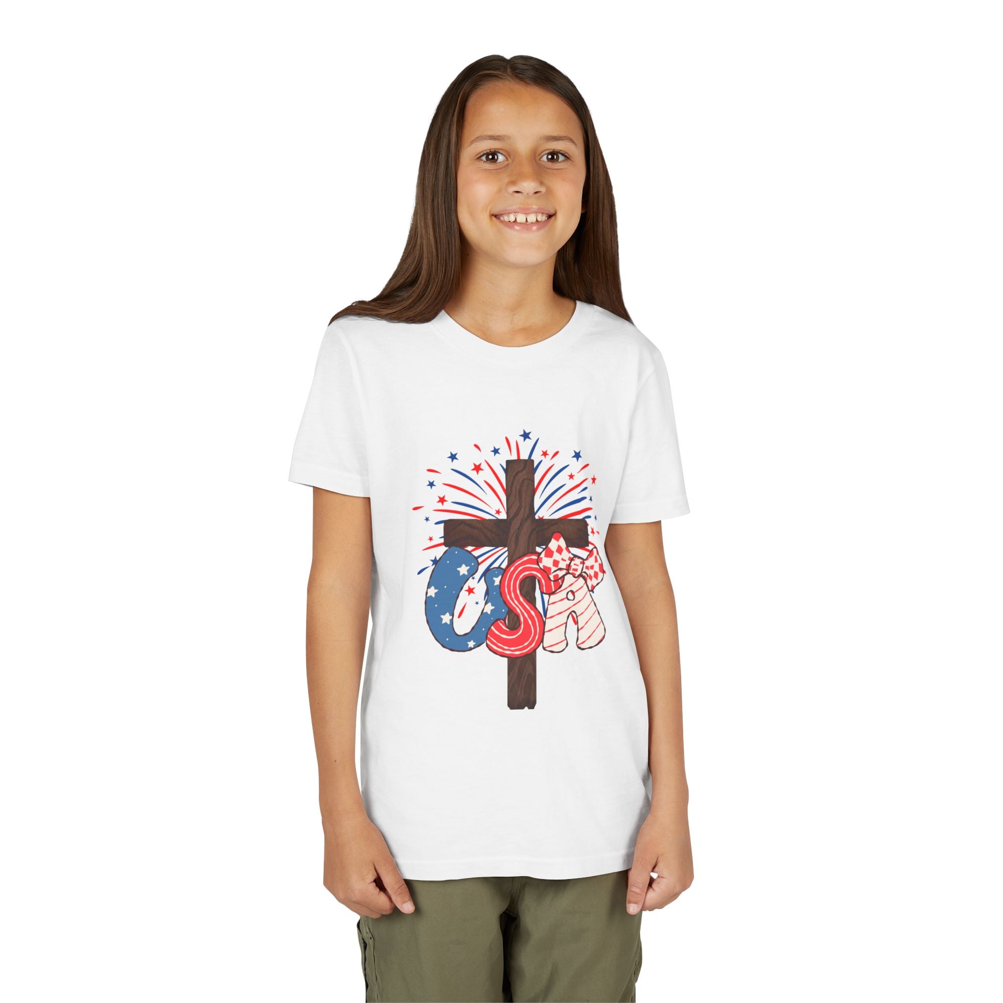 Youth Tee - Patriotic USA Cross with Fireworks and Stars