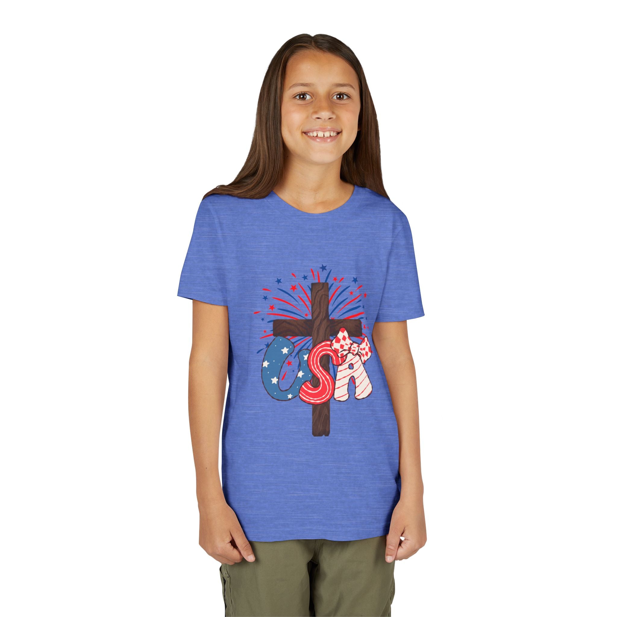 Youth Tee - Patriotic USA Cross with Fireworks and Stars