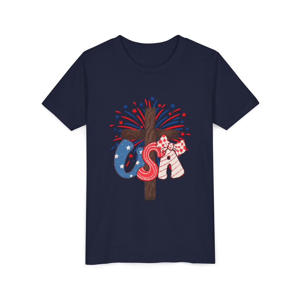 Youth Tee - Patriotic USA Cross with Fireworks and Stars