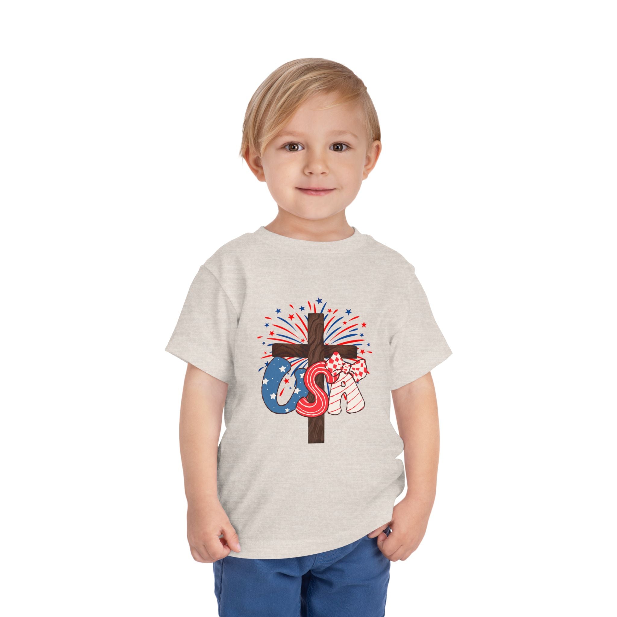 Toddler Tee - Patriotic Jesus Cross Fourth of July Kids Shirt