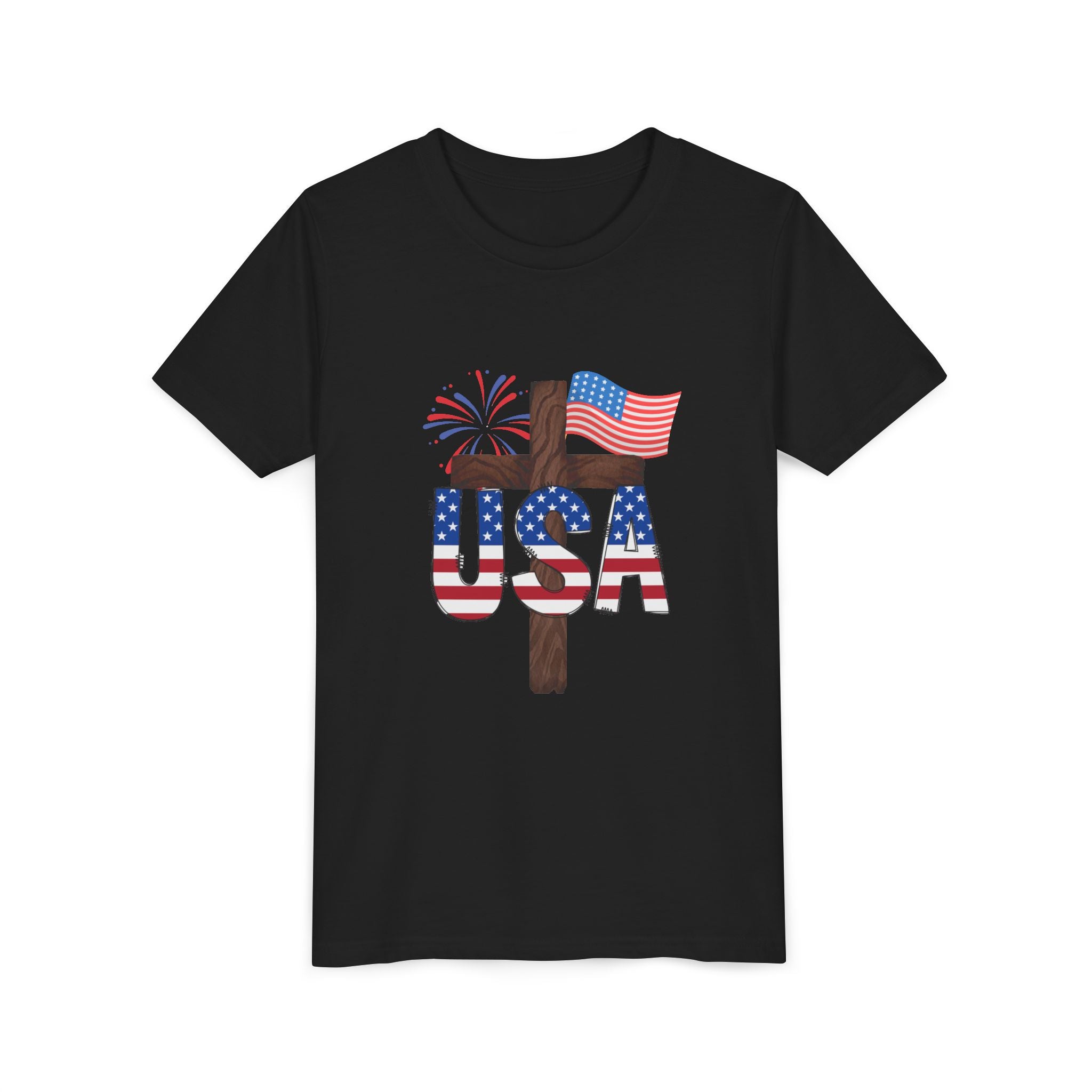 Youth Tee — USA Patriotic Cross Design with Flag & Fireworks