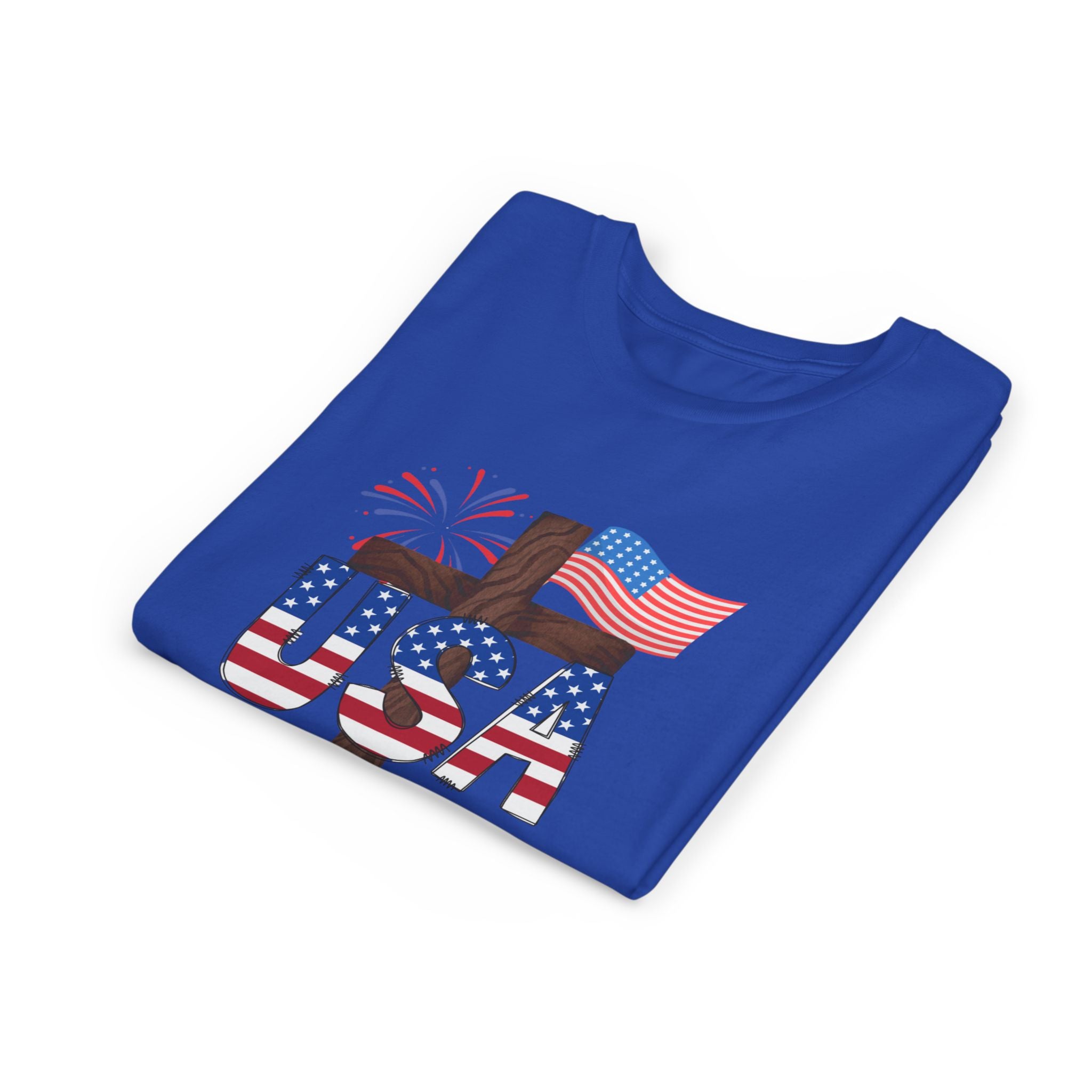 Youth Tee — USA Patriotic Cross Design with Flag & Fireworks