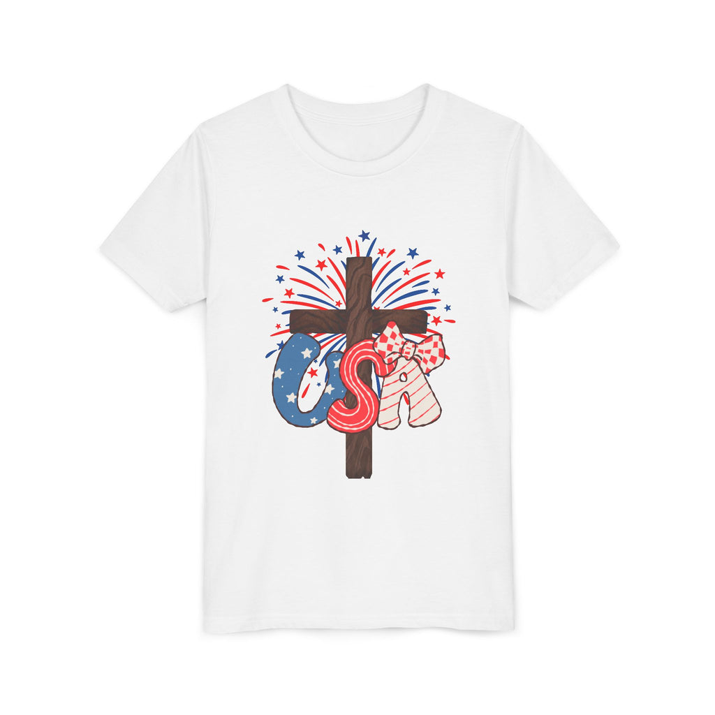 Youth Tee - Patriotic USA Cross with Fireworks and Stars