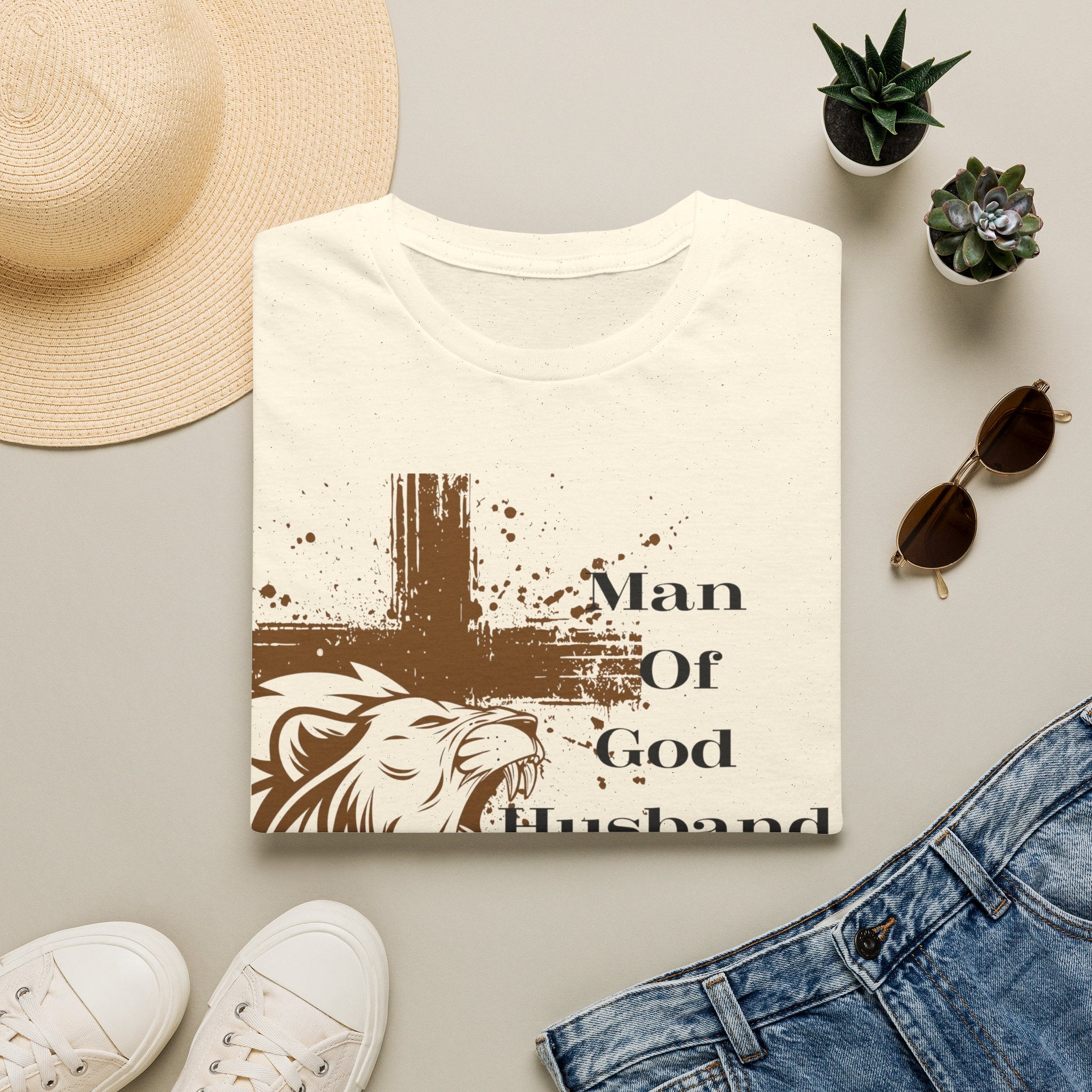 Man of God Lion Cross T-Shirt — 'Man Of God Husband Dad Protector Hero' Christian Tee