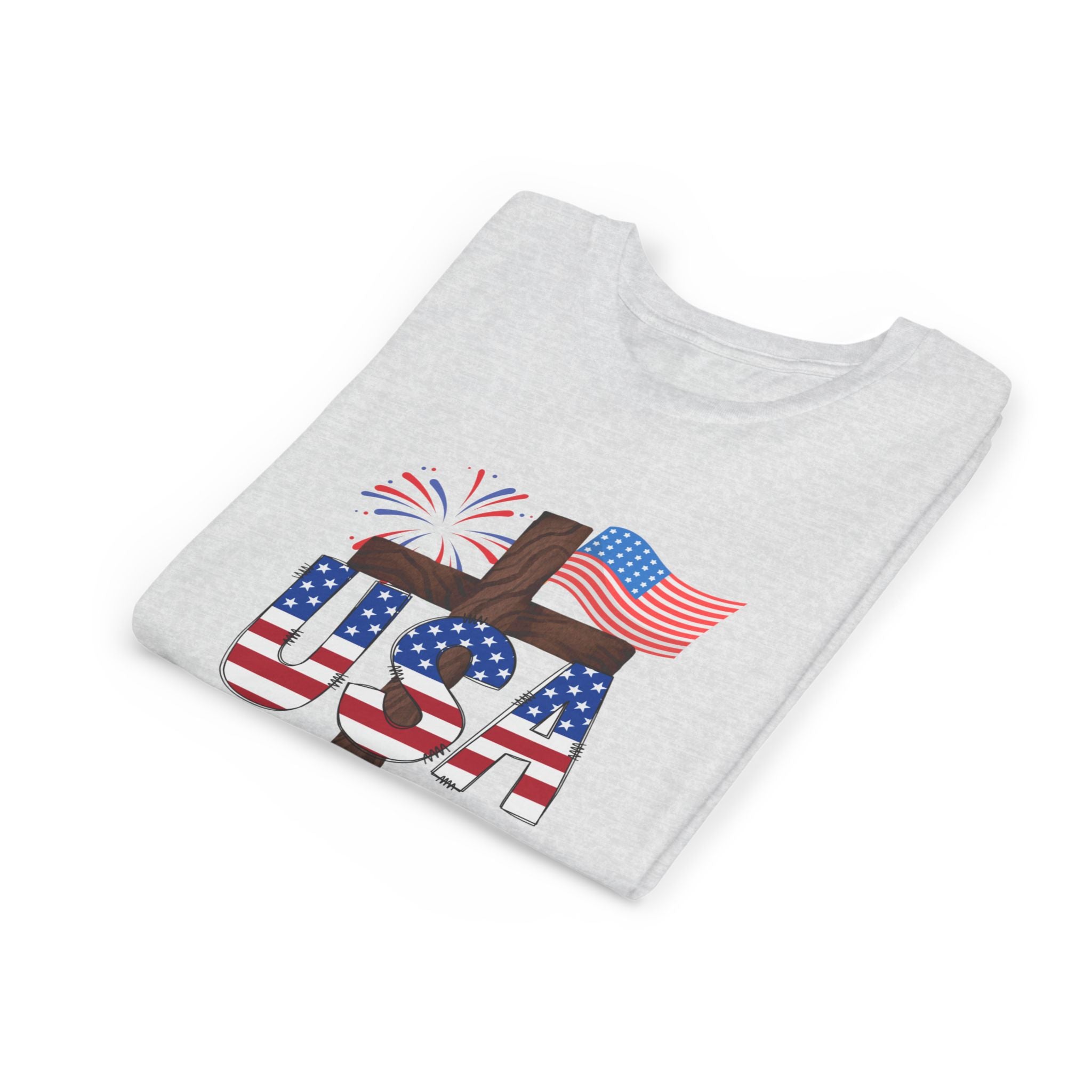 Youth Tee — USA Patriotic Cross Design with Flag & Fireworks