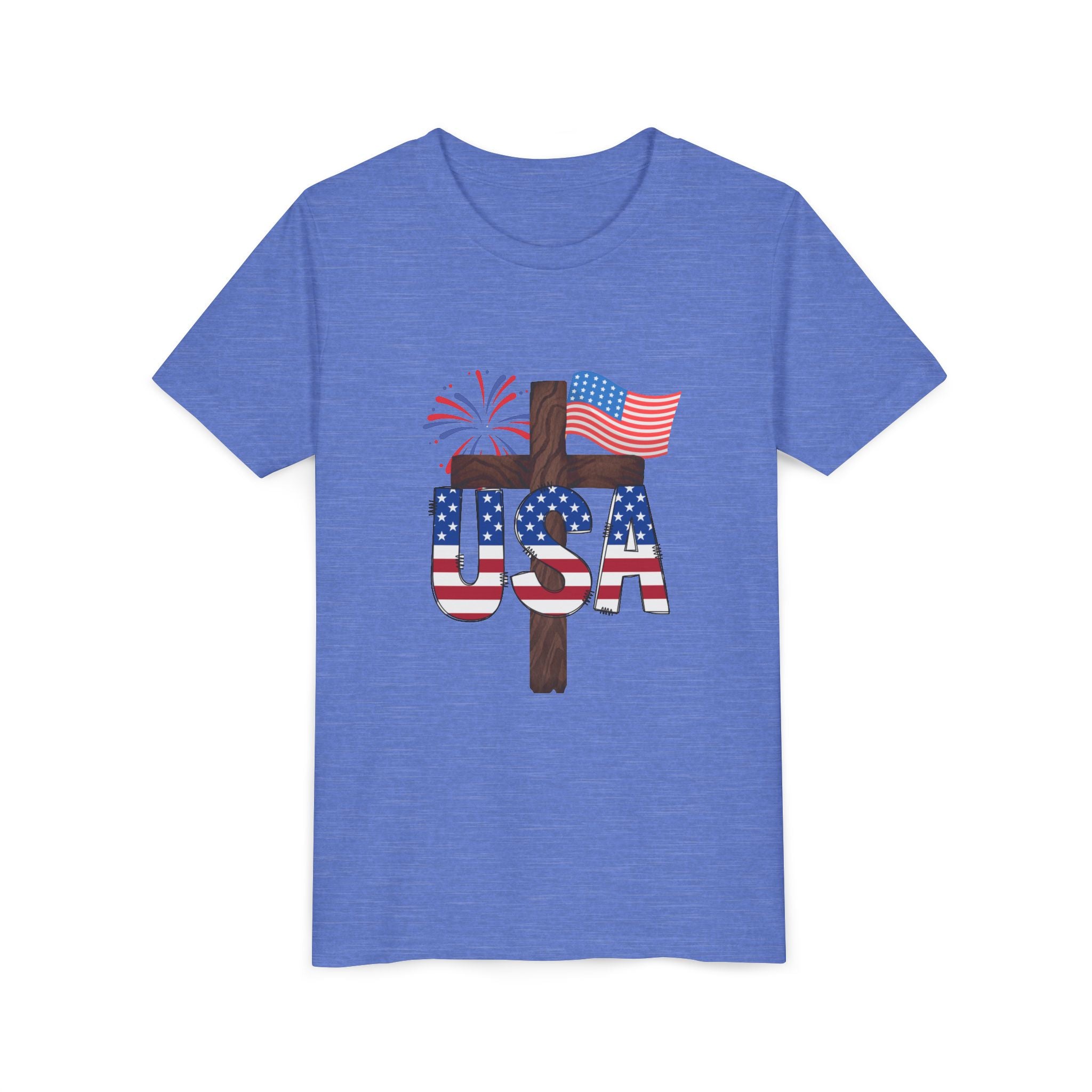 Youth Tee — USA Patriotic Cross Design with Flag & Fireworks
