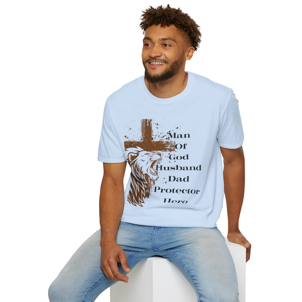 Man of God Lion Cross T-Shirt — 'Man Of God Husband Dad Protector Hero' Christian Tee