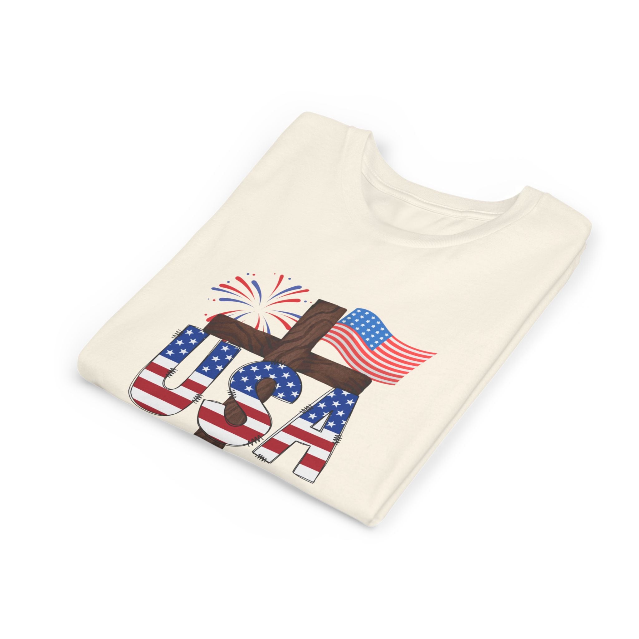 Youth Tee — USA Patriotic Cross Design with Flag & Fireworks