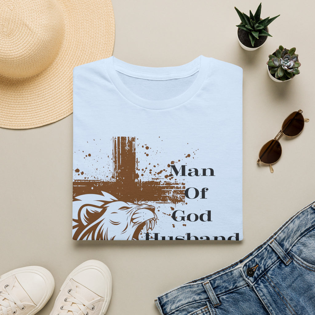 Man of God Lion Cross T-Shirt — 'Man Of God Husband Dad Protector Hero' Christian Tee