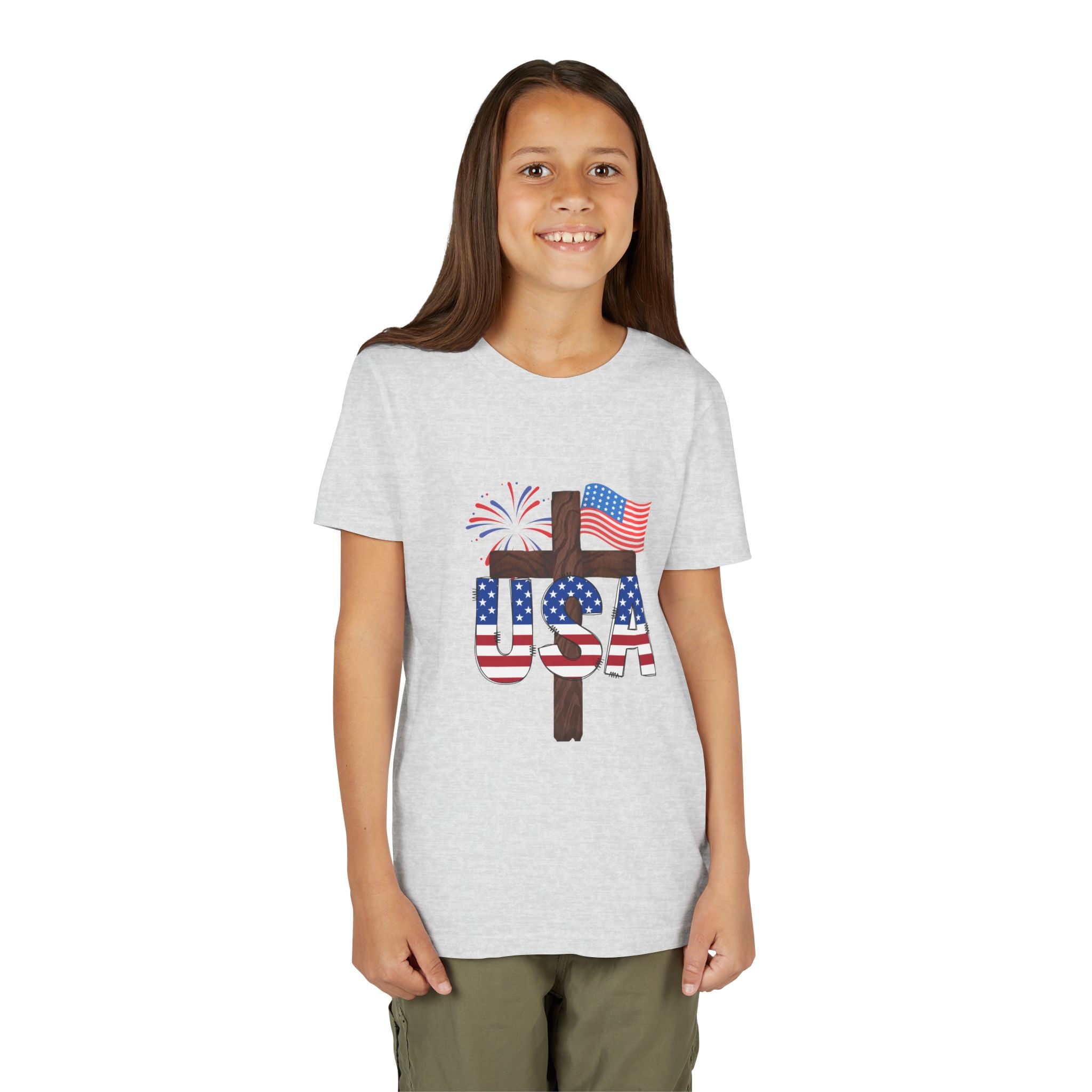Youth Tee — USA Patriotic Cross Design with Flag & Fireworks