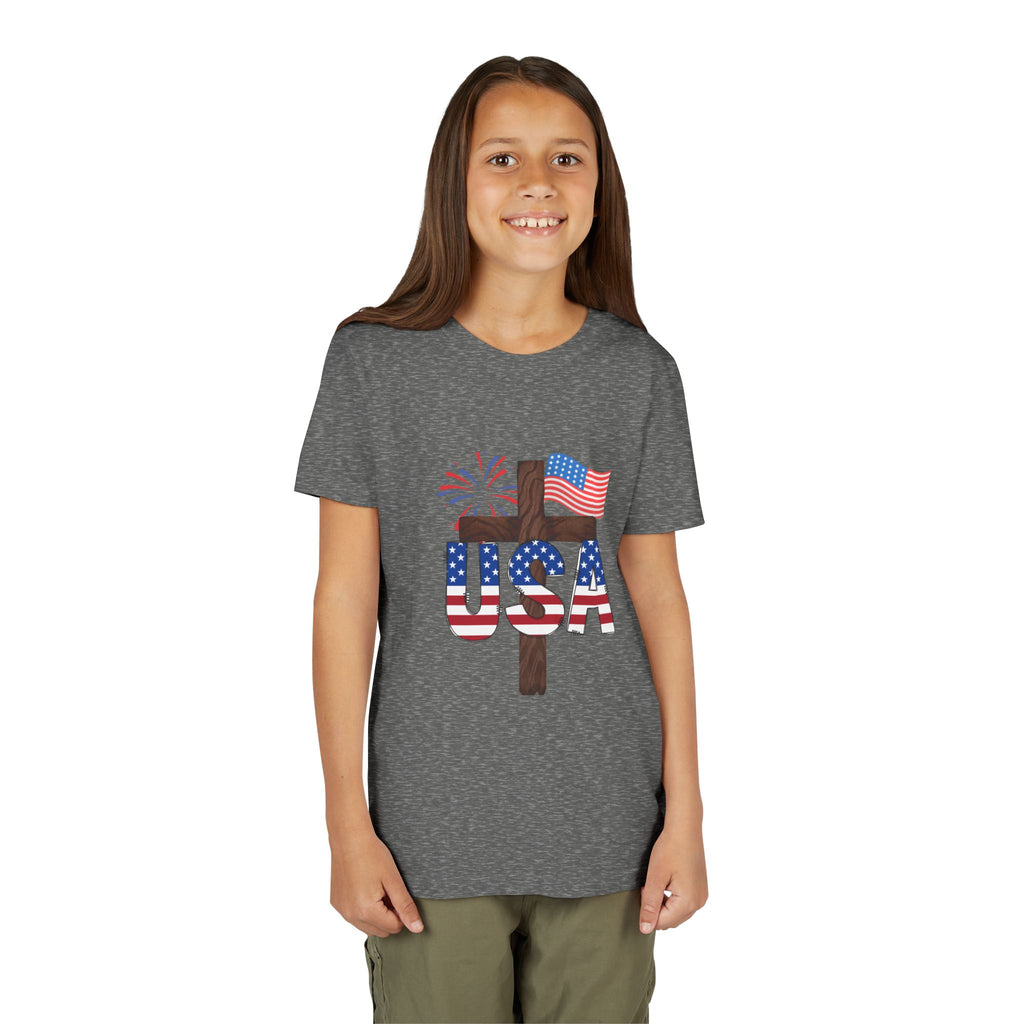 Youth Tee — USA Patriotic Cross Design with Flag & Fireworks