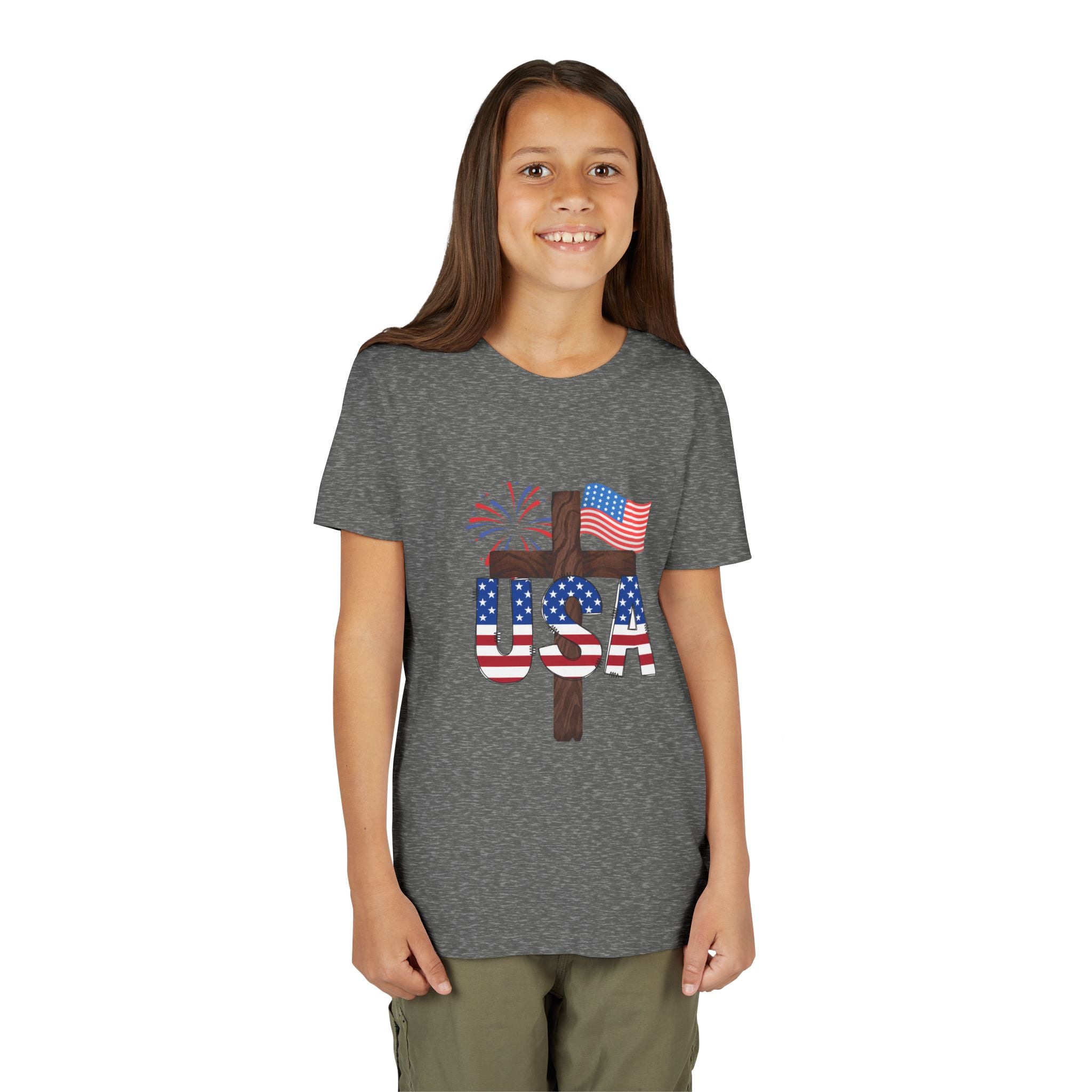 Youth Tee — USA Patriotic Cross Design with Flag & Fireworks