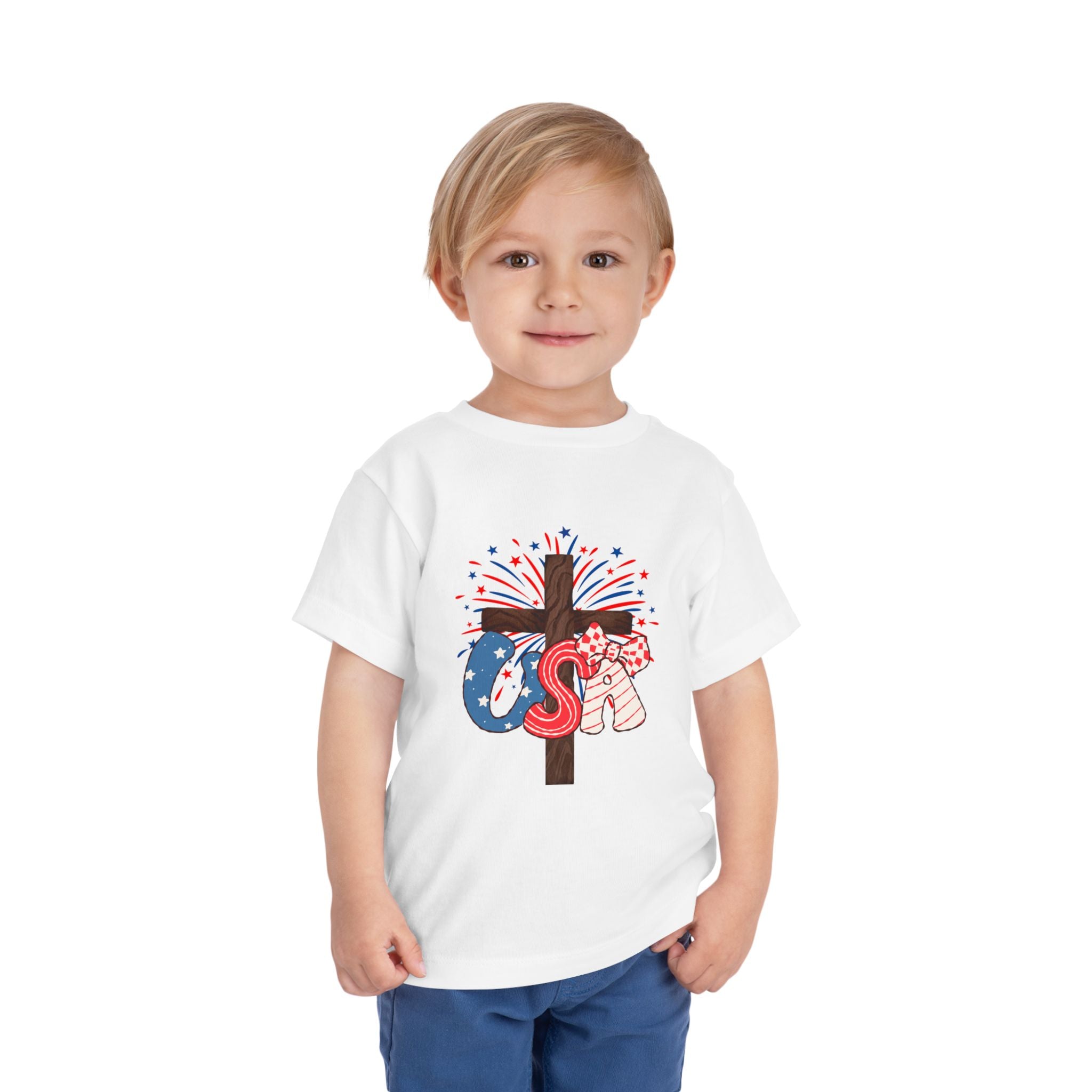 Toddler Tee - Patriotic Jesus Cross Fourth of July Kids Shirt