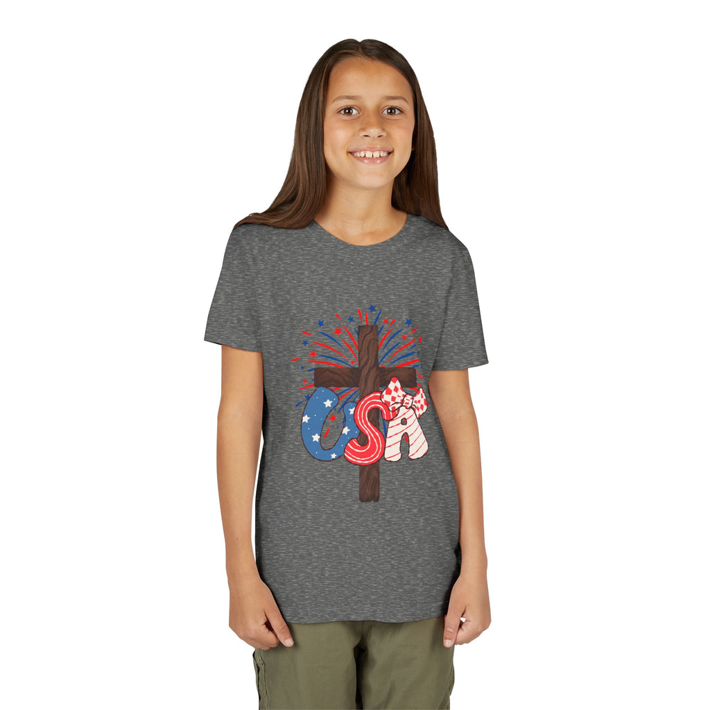 Youth Tee - Patriotic USA Cross with Fireworks and Stars