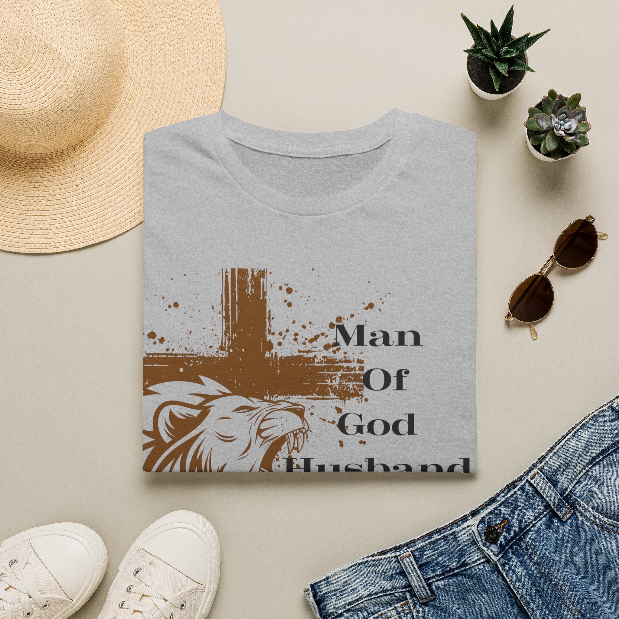 Man of God Lion Cross T-Shirt — 'Man Of God Husband Dad Protector Hero' Christian Tee