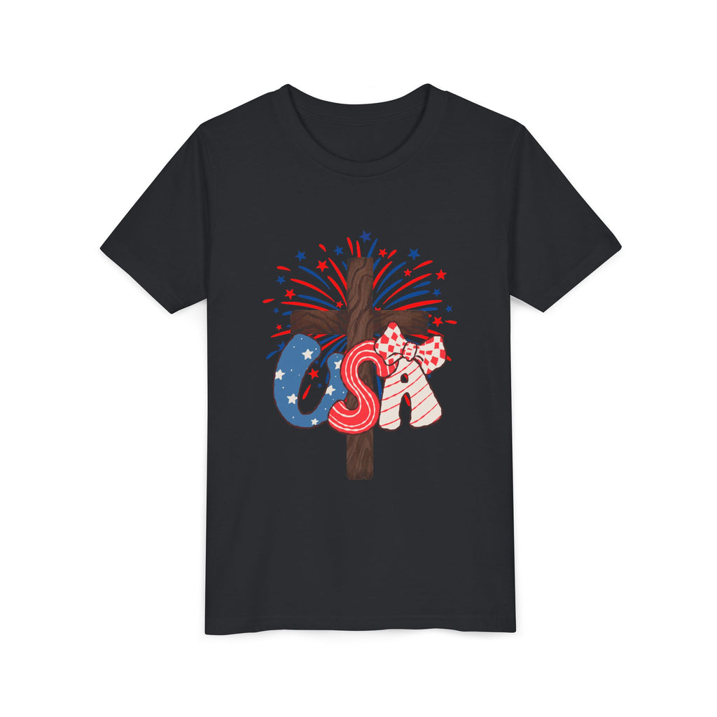 Youth Tee - Patriotic USA Cross with Fireworks and Stars