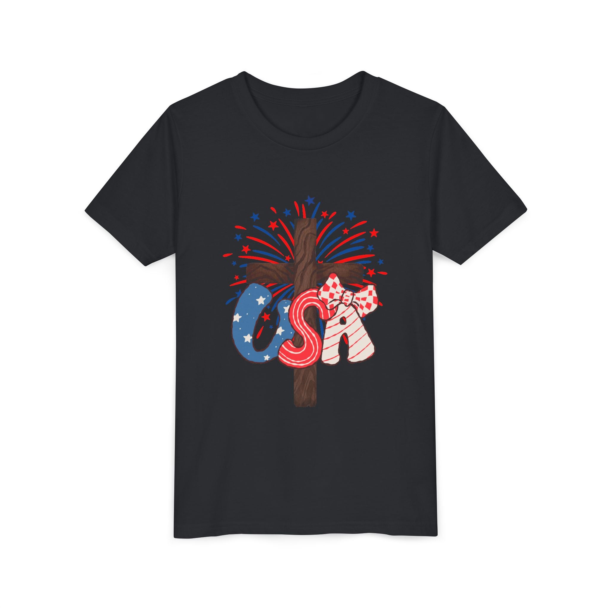 Youth Tee - Patriotic USA Cross with Fireworks and Stars